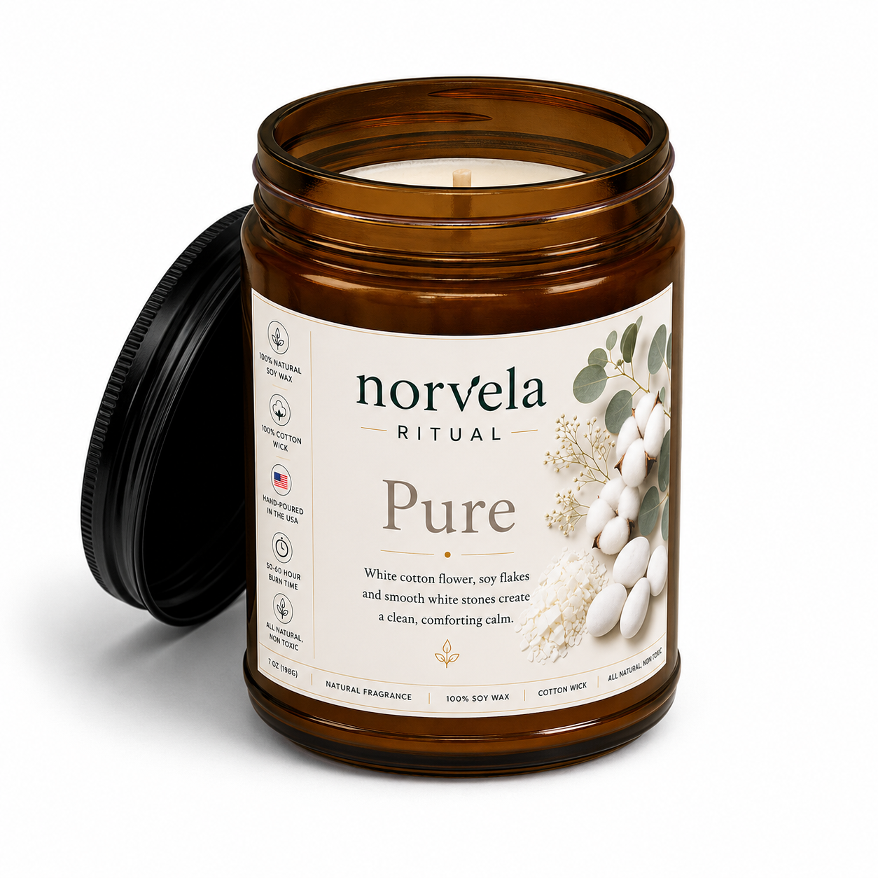 Norvela Ritual Pure | Unscented Soy Candle | 9oz Amber Jar