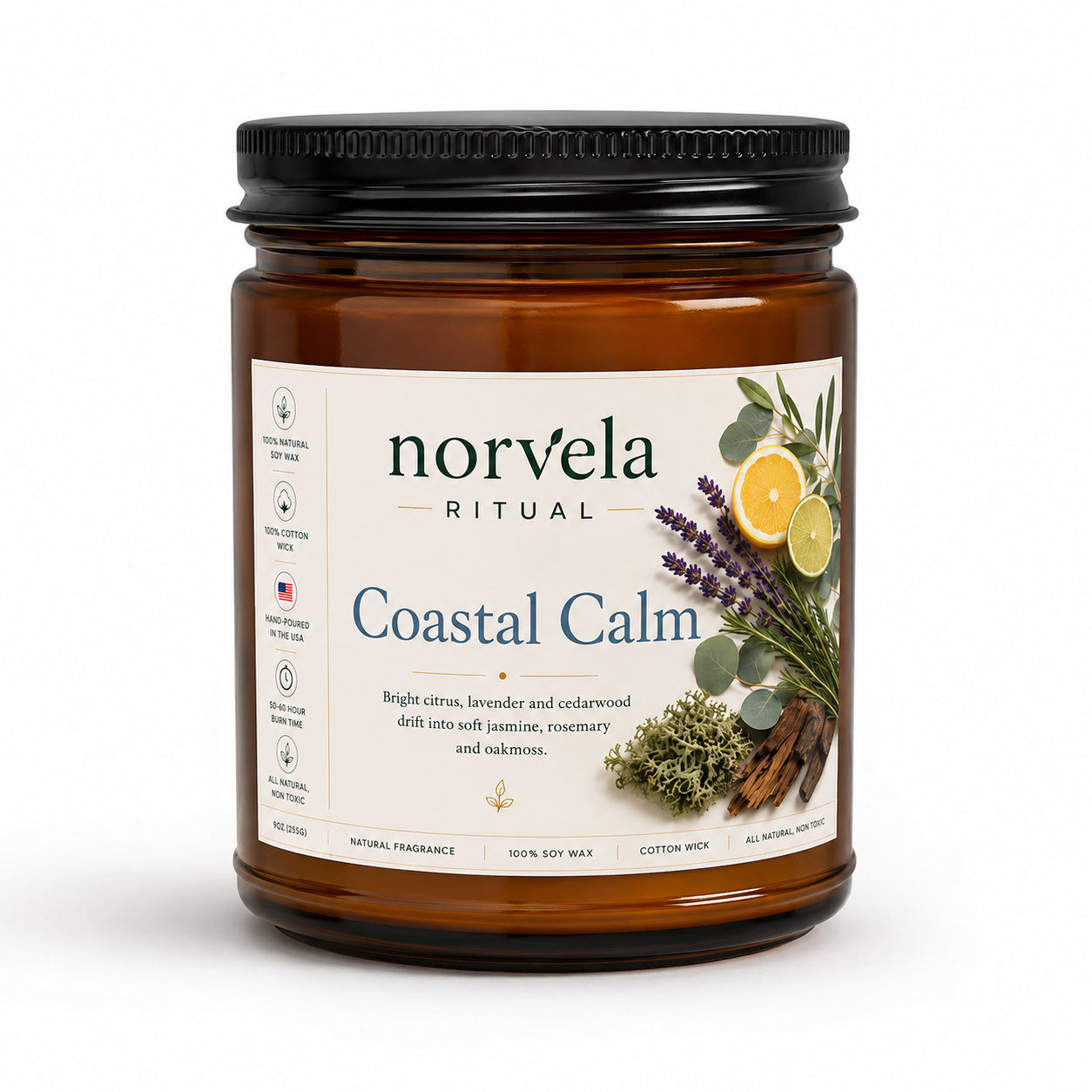 Norvela Ritual Coastal Calm | Soy Scented Candle Citrus, Lavender & Cedarwood | 9oz Amber Jar