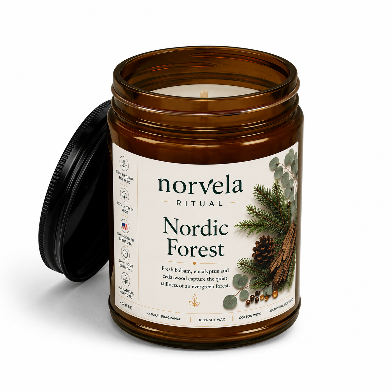 Norvela Ritual Nordic Forest | Soy Scented Candle, Fresh Balsam, Cedarwood & Eucalyptus | 9oz Amber Jar