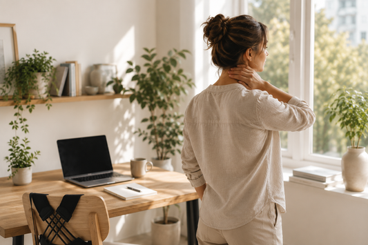A woman gently stretching her neck in a bright Scandinavian-inspired home office, with a tidy workspace and the Norvela Align Posture Corrector resting on her chair.