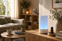 A Norvela essential oil diffuser gently releasing aromatic mist in a calm, Scandinavian-inspired living room with natural light, greenery, and minimalist décor.