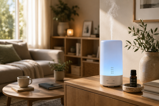 A Norvela essential oil diffuser gently releasing aromatic mist in a calm, Scandinavian-inspired living room with natural light, greenery, and minimalist décor.