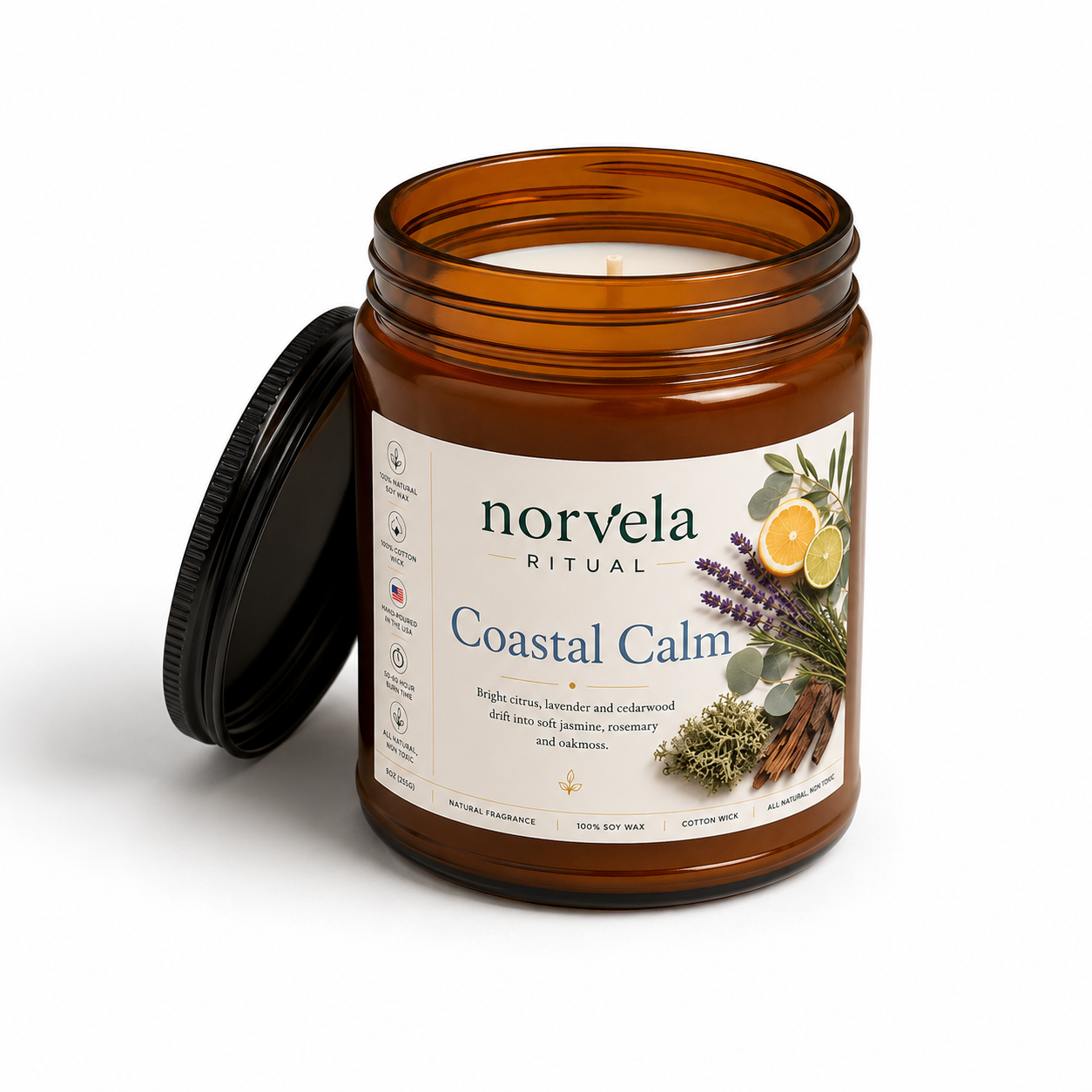 Norvela Ritual Coastal Calm | Soy Scented Candle Citrus, Lavender & Cedarwood | 9oz Amber Jar