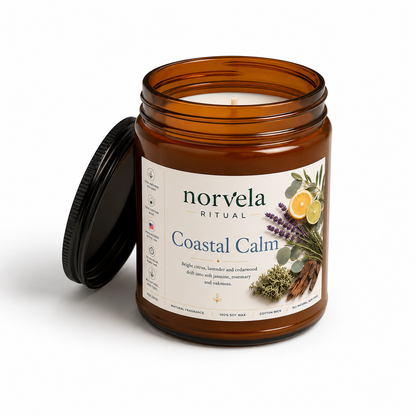 Norvela Ritual Coastal Calm | Soy Scented Candle Citrus, Lavender & Cedarwood | 9oz Amber Jar
