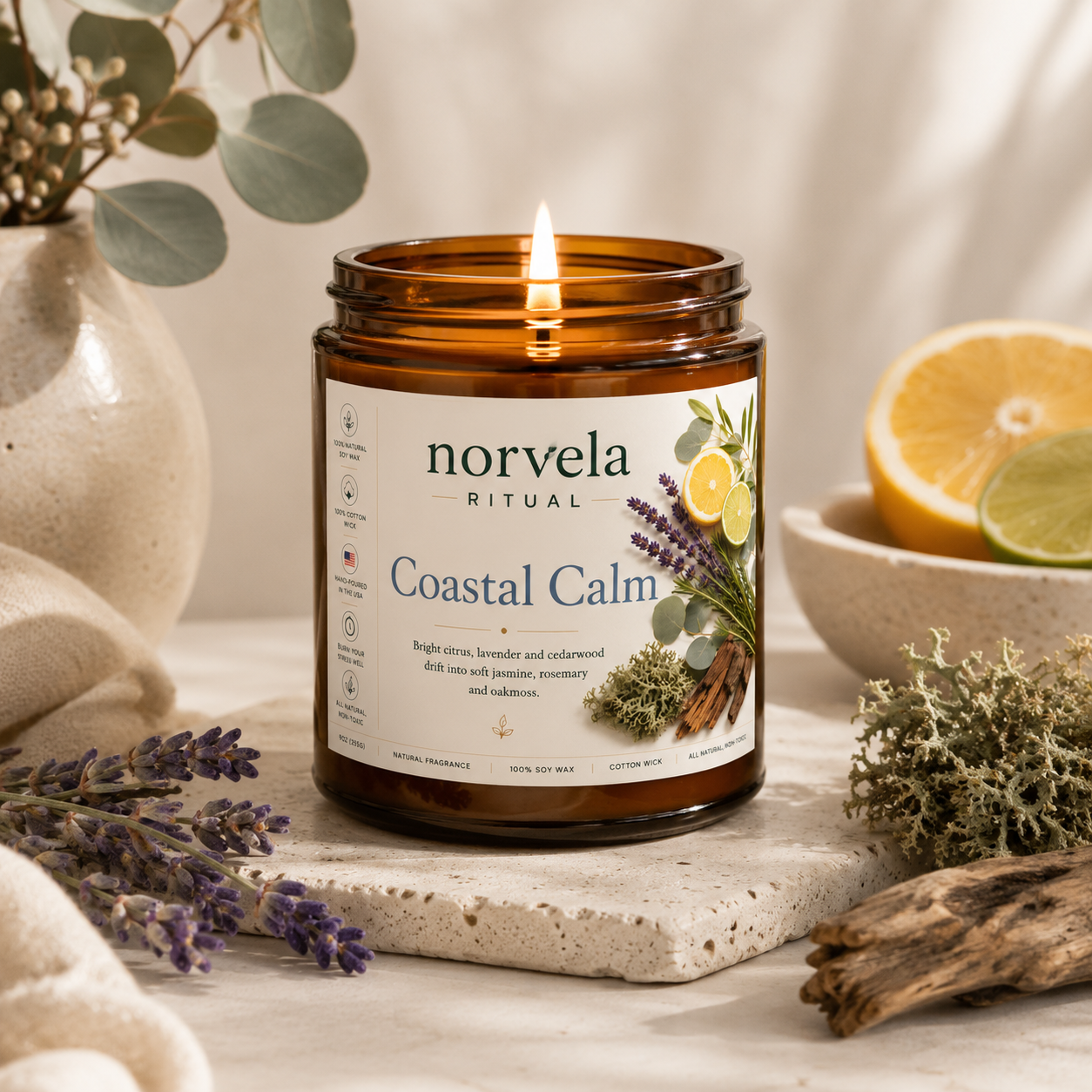 Norvela Ritual Coastal Calm | Soy Scented Candle Citrus, Lavender & Cedarwood | 9oz Amber Jar