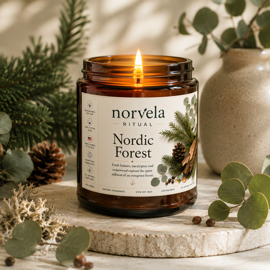 Norvela Ritual Nordic Forest | Soy Scented Candle, Fresh Balsam, Cedarwood & Eucalyptus | 9oz Amber Jar