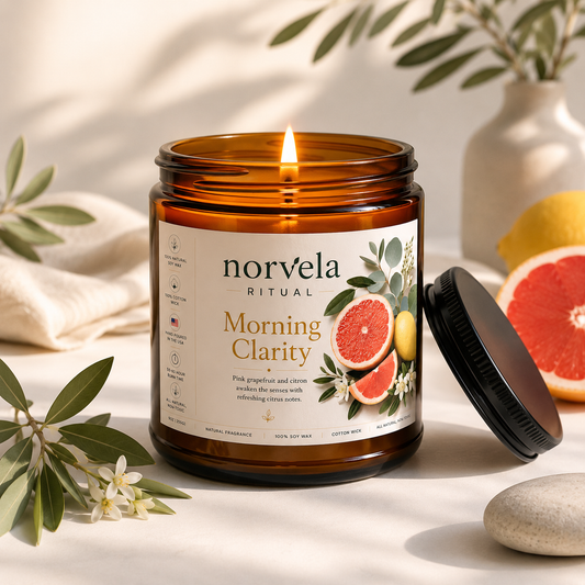 Norvela Ritual Morning Clarity | Soy Scented Candle | Pink Grapefruit & Citrus in 9oz Amber Jar