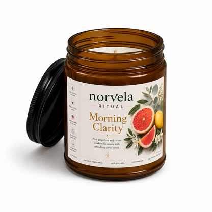 Norvela Ritual Morning Clarity | Soy Scented Candle | Pink Grapefruit & Citrus in 9oz Amber Jar
