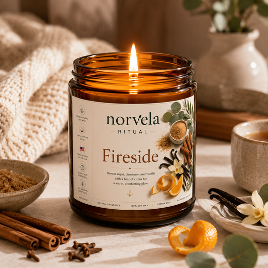 Norvela Ritual Fireside | Soy Scented Candle, Brown Sugar, Vanilla & Cinnamon | 9oz Amber Jar