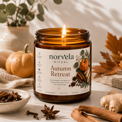 Norvela Ritual Autumn Retreat | Soy Scented Candle, Spiced Pumpkin & Ginger | 9oz Amber Jar