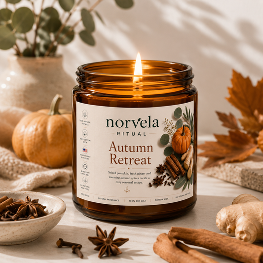 Norvela Ritual Autumn Retreat | Soy Scented Candle, Spiced Pumpkin & Ginger | 9oz Amber Jar