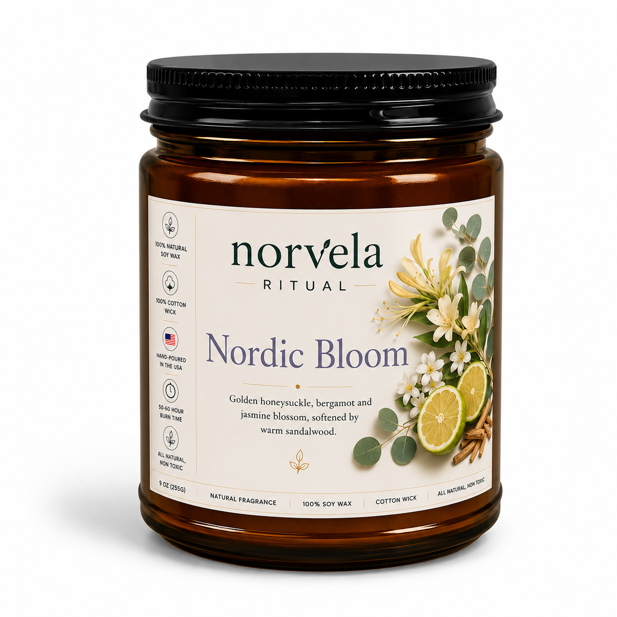 Norvela Ritual Nordic Bloom | Soy Scented Candle, Citrus, Honeysuckle & Jasmine | 9oz Amber Jar