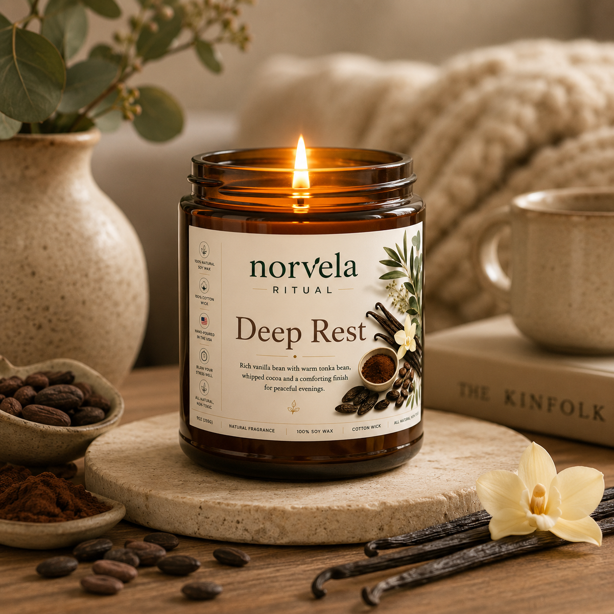 Norvela Ritual Deep Rest | Soy Scented Candle, Vanilla Bean, Tonka & Cocoa | 9oz Amber Jar