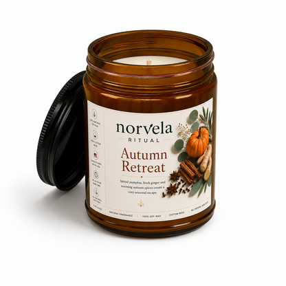 Norvela Ritual Autumn Retreat | Soy Scented Candle, Spiced Pumpkin & Ginger | 9oz Amber Jar
