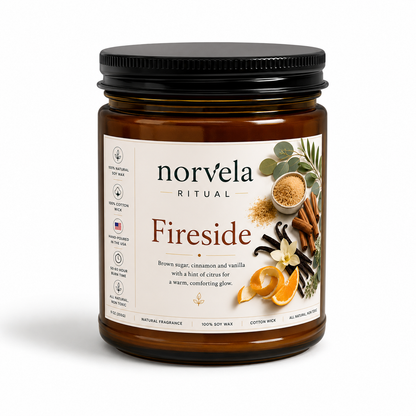 Norvela Ritual Fireside | Soy Scented Candle, Brown Sugar, Vanilla & Cinnamon | 9oz Amber Jar