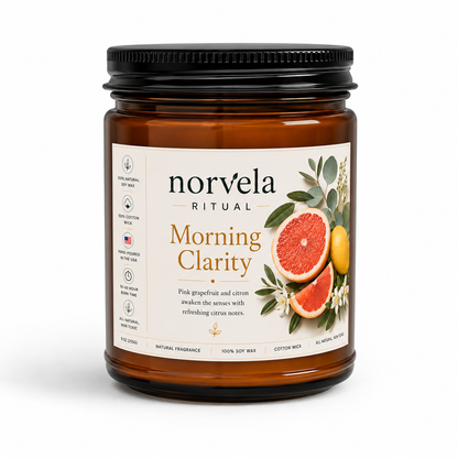 Norvela Ritual Morning Clarity | Soy Scented Candle | Pink Grapefruit & Citrus in 9oz Amber Jar