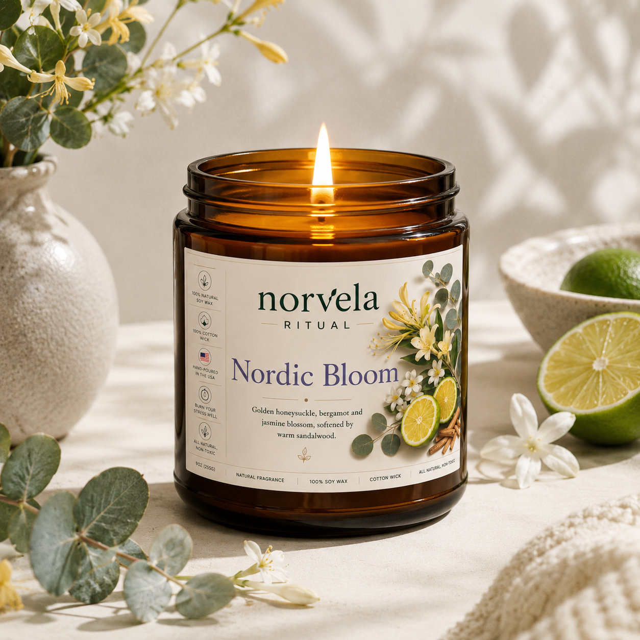 Norvela Ritual Nordic Bloom | Soy Scented Candle, Citrus, Honeysuckle & Jasmine | 9oz Amber Jar