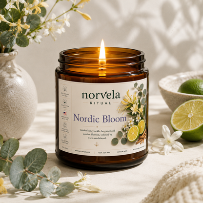 Norvela Ritual Nordic Bloom | Soy Scented Candle, Citrus, Honeysuckle & Jasmine | 9oz Amber Jar