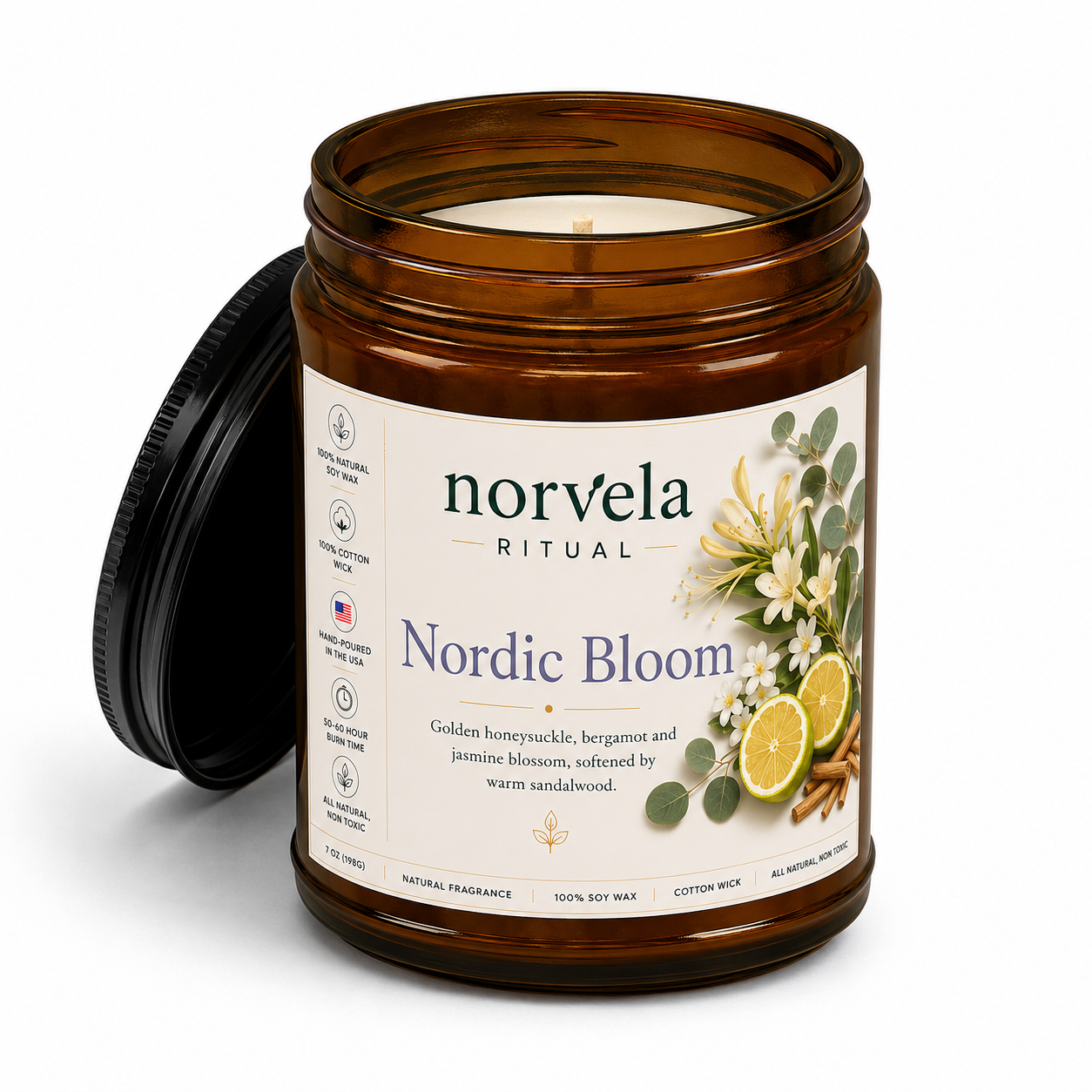 Norvela Ritual Nordic Bloom | Soy Scented Candle, Citrus, Honeysuckle & Jasmine | 9oz Amber Jar