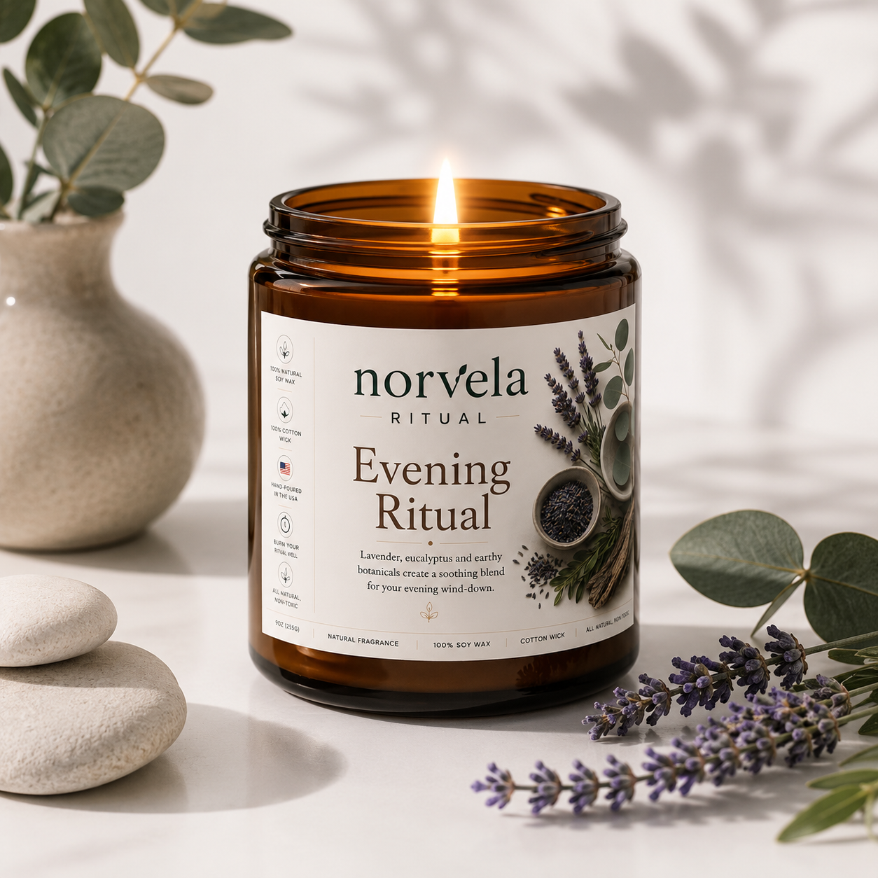 Norvela Ritual Evening Ritual | Soy Scented Candle, Lavender & Eucalyptus | 9oz Amber Jar