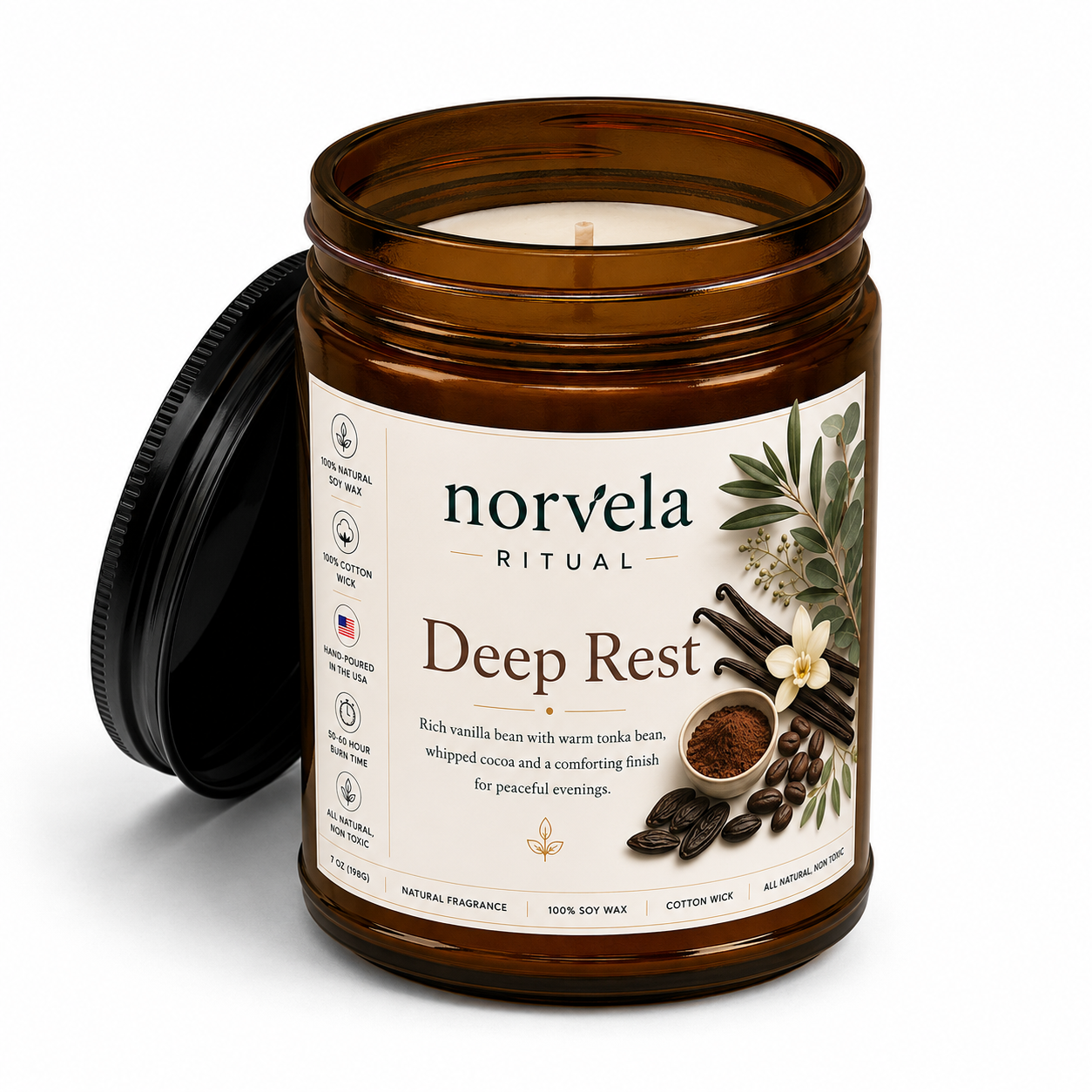 Norvela Ritual Deep Rest | Soy Scented Candle, Vanilla Bean, Tonka & Cocoa | 9oz Amber Jar