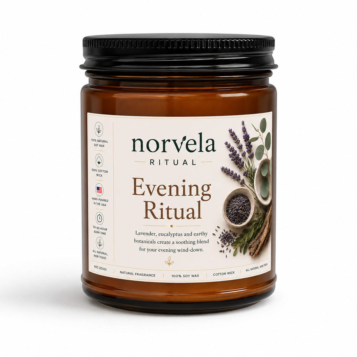 Norvela Ritual Evening Ritual | Soy Scented Candle, Lavender & Eucalyptus | 9oz Amber Jar