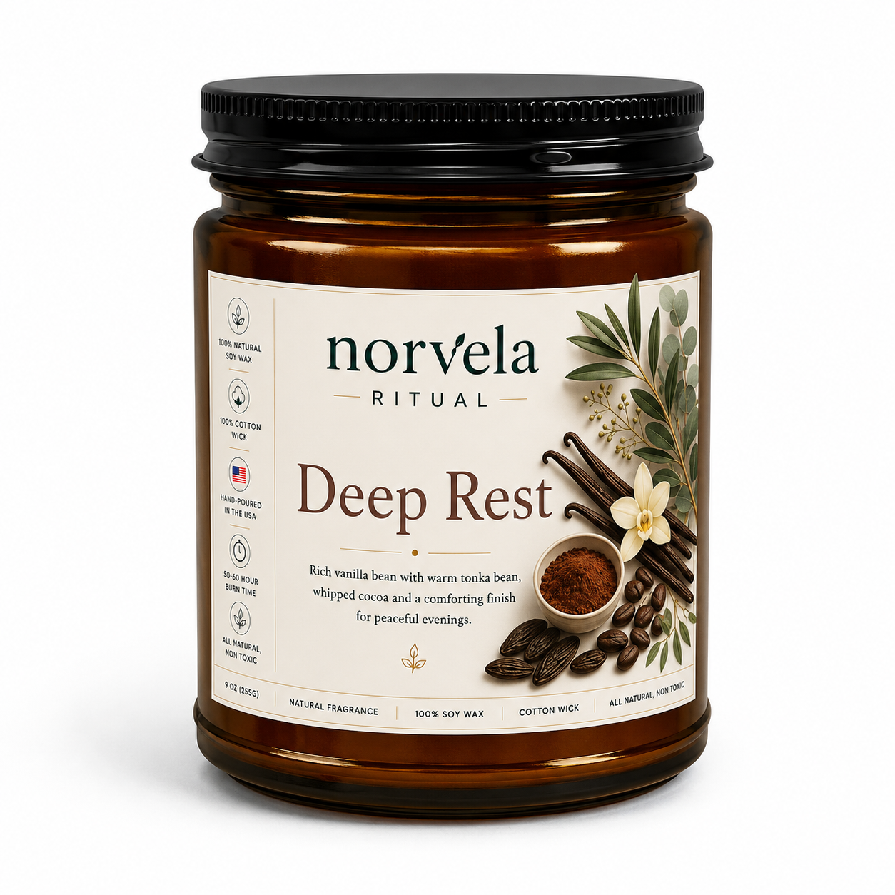 Norvela Ritual Deep Rest | Soy Scented Candle, Vanilla Bean, Tonka & Cocoa | 9oz Amber Jar