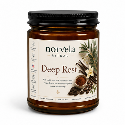 Norvela Ritual Deep Rest | Soy Scented Candle, Vanilla Bean, Tonka & Cocoa | 9oz Amber Jar