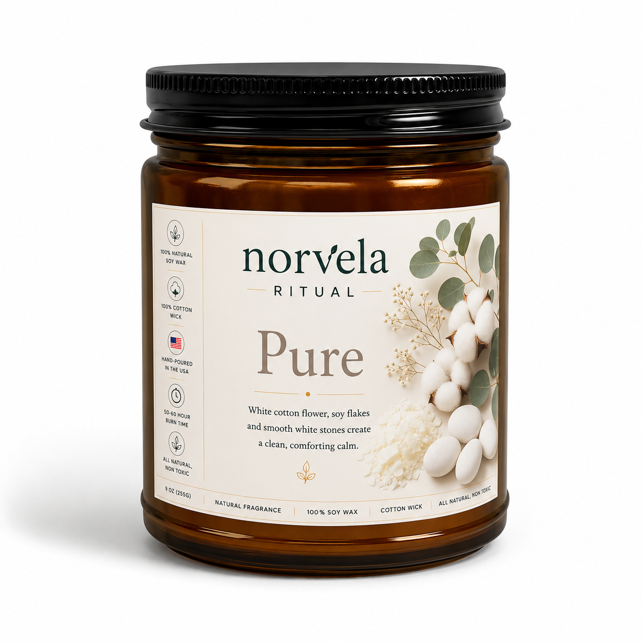 Norvela Ritual Pure | Unscented Soy Candle | 9oz Amber Jar