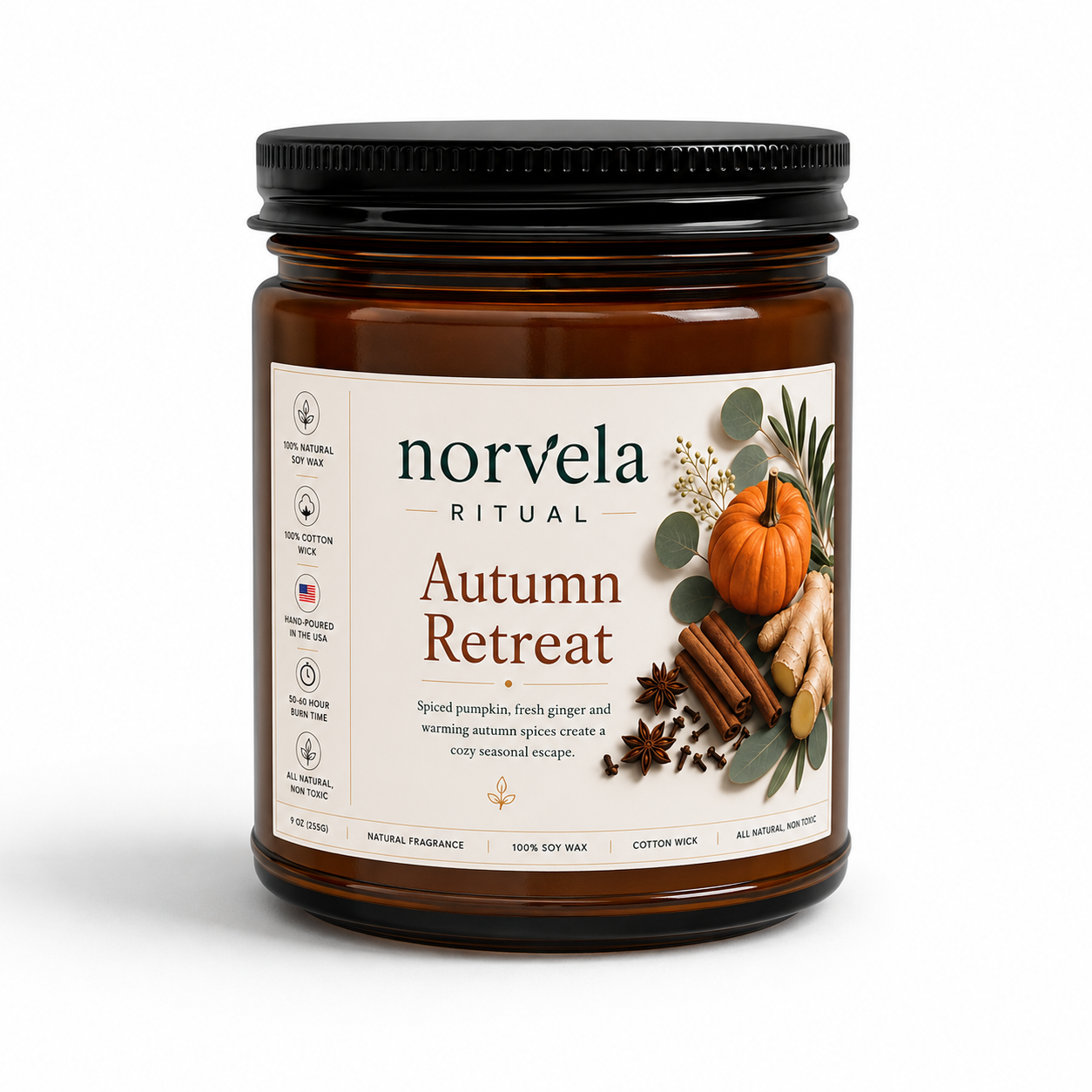 Norvela Ritual Autumn Retreat | Soy Scented Candle, Spiced Pumpkin & Ginger | 9oz Amber Jar