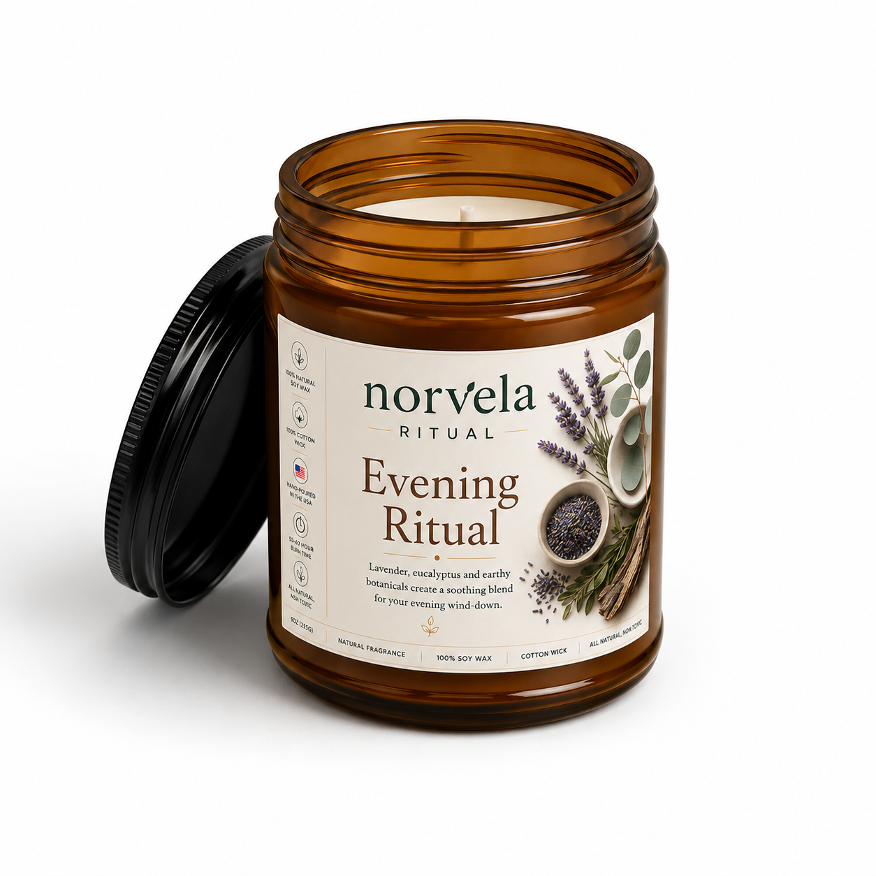 Norvela Ritual Evening Ritual | Soy Scented Candle, Lavender & Eucalyptus | 9oz Amber Jar