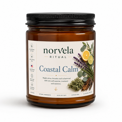 Norvela Ritual Coastal Calm | Soy Scented Candle Citrus, Lavender & Cedarwood | 9oz Amber Jar