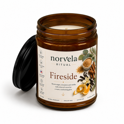 Norvela Ritual Fireside | Soy Scented Candle, Brown Sugar, Vanilla & Cinnamon | 9oz Amber Jar